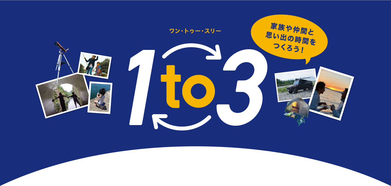 ワン・トゥー・スリー　家族や仲間と 思い出の時間を つくろう！　当社でお車を ご購入された方、必見！　お得で楽しい♪ レンタカーシステム　ご購入車の他に、 年に１回・３泊レンタル！